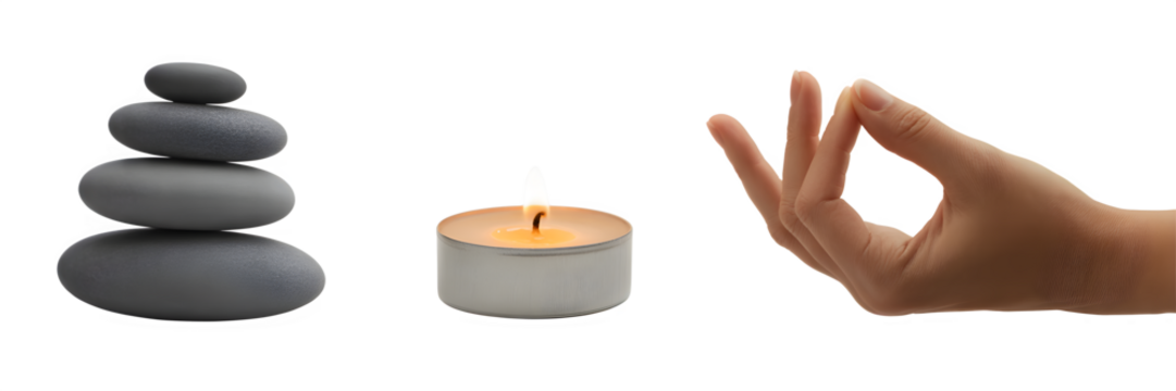 Stacked stones candle and hand in meditation pose create a serene and peaceful atmosphere for relaxation and mindfulness practices