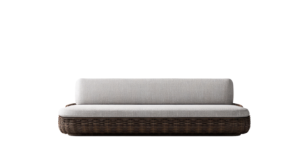 Modern light beige sofa on dark brown wicker base