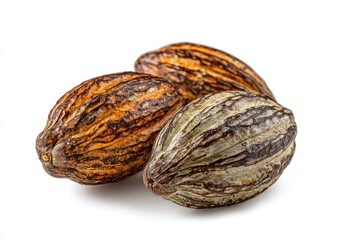 Three cocoa pods, displaying brown and beige mottled patterns and ridges, are isolated against a white background under bright, even lighting