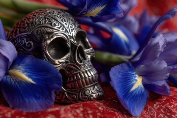 A decorative skull with intricate designs rests amongst vibrant blue iris flowers on a red fabric background.