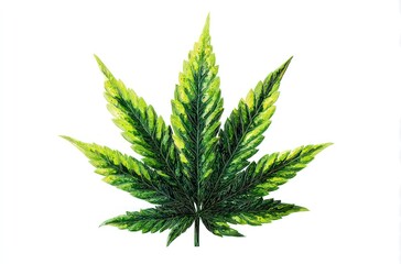 Close-up of a cannabis leaf with vibrant green and yellow hues against a stark white background, showcasing intricate venation