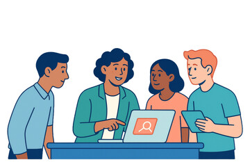 Fototapeta premium Group of diverse people collaborating using laptop and tablet, flat cartoon style, on clean white background, concept of teamwork and discussion. Ai generative