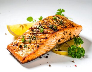 Grilled salmon fillet with lemon slices and herbs