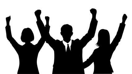 Silhouette of three people with raised arms in celebration against a white background in a vector image | editable eps vectors