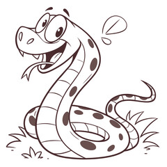 Cartoon Snake with Spots, Open Mouth, and Grass on White