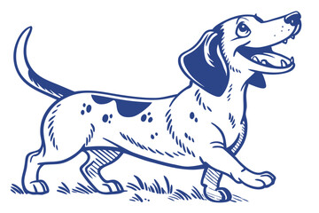Cartoon Spotted Beagle Walking with an Open Mouth on White Background