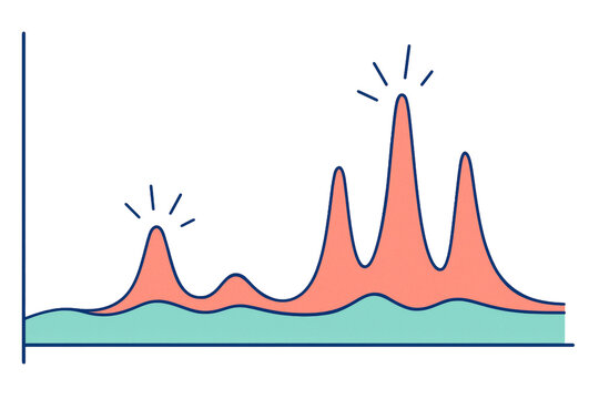 Stylized chart with red and teal peak areas, clean graphic style, isolated on white background, concept of science or data analysis. Ai generative