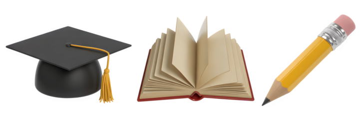 Graduation cap with tassel open book and yellow pencil representing education learning and academic success on a clean background