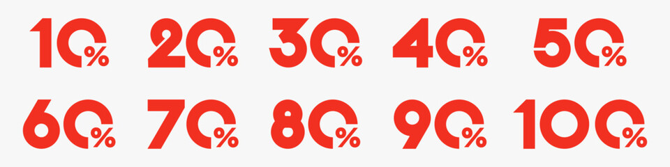 set of collection of discount numbers red color, Sale icons or tags with 10, 20, 30, 40, 50, 60, 70, 80, 90 percent discount. Vector illustration.