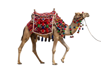 Decorated camel with ornate saddle and colorful pom-poms Isolated on transparent background