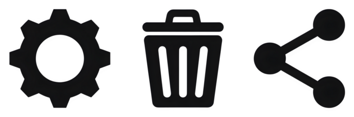 Settings gear trash can and share icon in black representing options deletion and sharing functionality for apps