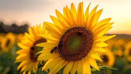 Obraz premium Sunflowers in a field at sunset (1)