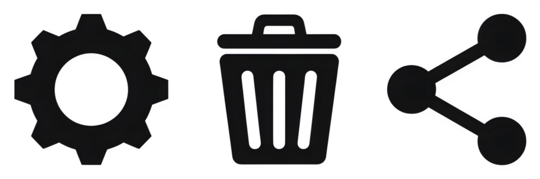 Settings gear trash can and share icon in black representing options deletion and sharing functionality for apps