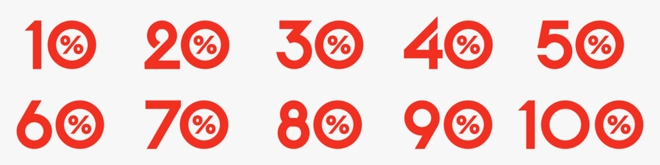 set of collection of discount numbers red color, Sale icons or tags with 10, 20, 30, 40, 50, 60, 70, 80, 90 percent discount. Vector illustration.