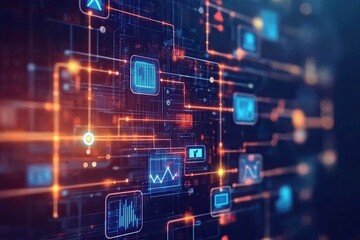 Abstract digital circuit board with glowing icons (1)