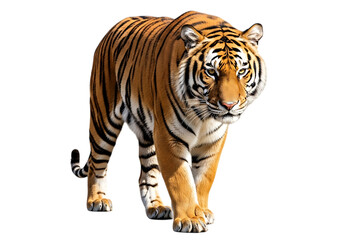 Fototapeta premium Majestic tiger walking towards viewer Isolated on transparent background