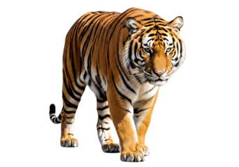 Majestic tiger walking towards viewer Isolated on transparent background