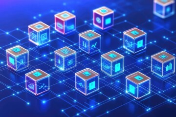 Abstract digital network of interconnected cubes with data icons