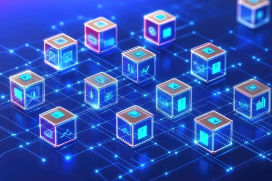 Abstract digital network of interconnected cubes with data icons