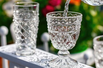 Clear crystal glasses; water being poured into one
