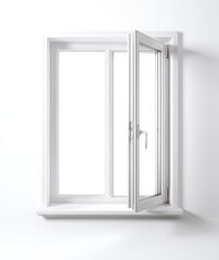 White framed window, partially open, is affixed to a white wall. The bright light from outside creates a clean, minimalist look
