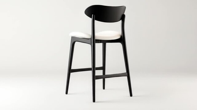 Elegant modern bar stool with dark wood frame and light cushion on white background