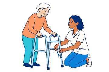 Nurse assisting senior woman with walker adjustment, flat graphic style, on white background. Concept of elderly care and support. Ai generative