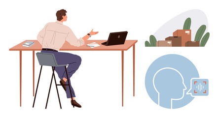 Businessman gesturing while working on logistics via laptop at desk. Cardboard boxes by plants and speech recognition icon illustrate workflow and communication. Ideal for business, logistics, tech