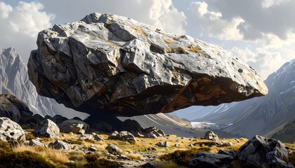 A massive, light gray rock floats above a valley floor, nestled among smaller rocks and dry grasses. Dramatic mountain peaks are visible in the background
