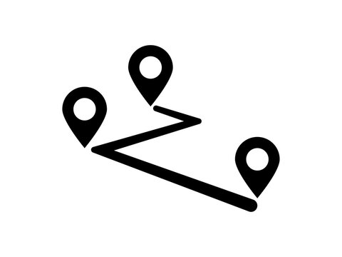 This bold black outline icon illustrating a multi-stop navigation route with three connected map pins is isolated on a transparent background.