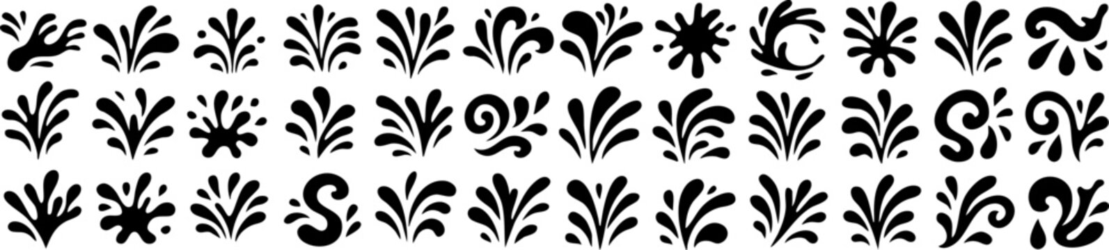Collection of abstract splash and splatter elements in bold black style. Perfect for liquid icons, decorative water shapes or motion design effects.