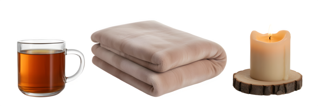 Cozy relaxation scene with a warm cup of tea a soft folded blanket and a glowing candle creating a peaceful and inviting atmosphere for unwinding