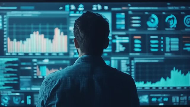 Data Analyst Examining Complex Financial Charts on Large Screens