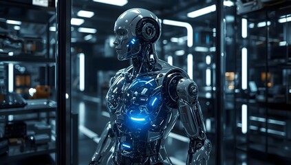 Fototapeta premium Futuristic humanoid robot with glowing blue chest core