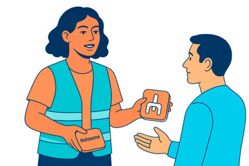 Woman gives naloxone nasal spray kit to man, flat illustration style, on white background. Concept of overdose prevention education. Ai generative