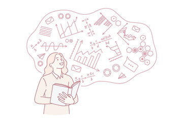 Higher education in college concept. Young smiling female student standing learning mathematics in university with formulas vector illustration