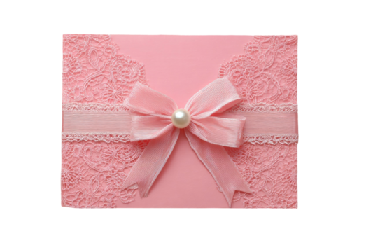 Pink card or box, ornate with lace and a bow