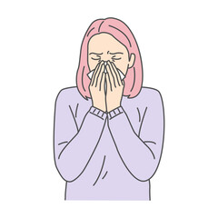 Illustration of a woman sneezing while covering her nose and mouth with a tissue