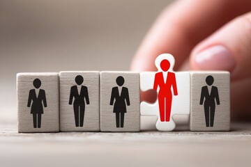 A hand places a red-suited figure puzzle piece among black-suited figures