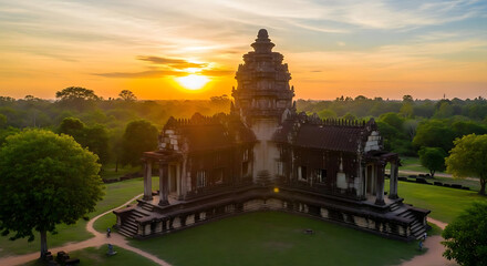 Aerial view of angkor wat temple complex at sunrise with surrounding lush green landscape scenery ai generated