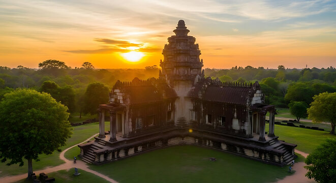 Aerial view of angkor wat temple complex at sunrise with surrounding lush green landscape scenery ai generated - Powered by Adobe