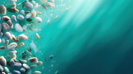 Fototapeta premium Glassy organic pebbles floating in turquoise water with sun caustics, teal gradient for commercial use, spacious banner background, luxury design