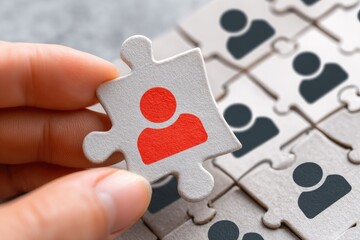 Hand holds a puzzle piece with a red person icon, surrounded by puzzle pieces with dark silhouettes of people