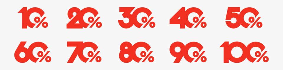 set of collection of discount numbers red color, Sale icons or tags with 10, 20, 30, 40, 50, 60, 70, 80, 90 percent discount. Vector illustration.