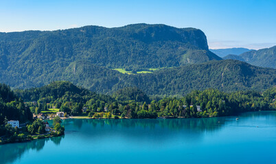 Fototapeta premium Mountain landscape of the Julian Alps by Lake Bled in Slovenia.