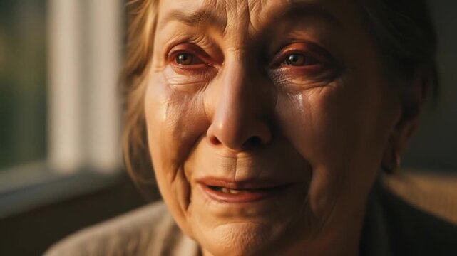 Heartbroken Elderly Woman Crying Alone by a Window at Sunset.