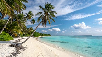 Obraz premium Palm trees on white sand beach turquoise ocean blue sky water
