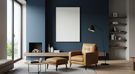 Living room interior with armchair and blank frame
