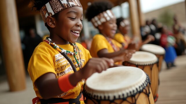Joyful Children Playing African Drums at Cultural Event, Celebrating Music and Heritage
