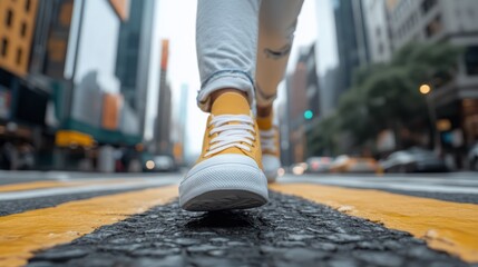 Person Walking on City Street Wearing Bright Yellow Sneakers in Urban Environment